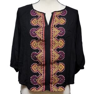 Skies Are Blue Embroidered Blouse Womens Sz XS‎ Black Purple Yellow Top Shirt